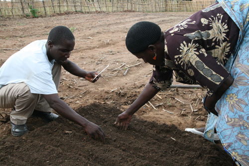 손으로 텃밭에 이랑을 내고 있는 아프리카 주민들. 열매나눔은 농기구 부족 문제를 해소하기 위해 농기구 뱅크 시스템을 준비중이다. 