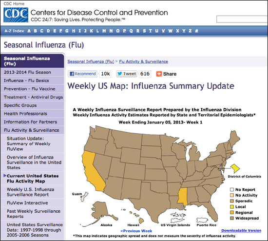 CDC에서 매우 업데이트하는 것으로 1월 5일 현재까지(최신자료), 각 주마다 독감이 얼마나 넓게 퍼졌는지를 보여주는 지도. 
