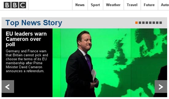 영국의 EU 탈퇴를 위한 국민투표 계획과 이를 비판하는 EU 회원국 정상들의 반응을 보도하는 영국 BBC