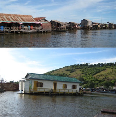 톤레삽 호수의 수상가옥(위 사진)과 한국 교회(아래 사진), 오른쪽에 십자가가 보인다.