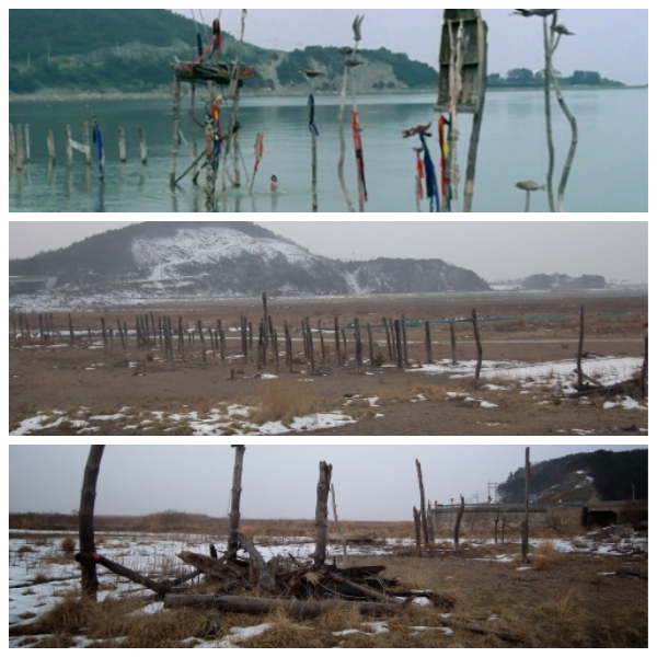 2002년 영화 ‘해안선’에서 비춰진 해창갯벌 장승(맨위 사진. 영화 '해안선' 화면 갈무리)과 지난 1월 19일 촬영한 현재 모습 (중간, 아래)
