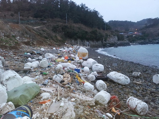 해양 엑스포를 성공적으로 치른 여수시는 작년 태풍 때 밀려온 쓰레기를 예산이 없다는 핑계로 70%만 치우고 나머지는 방치했다. 쓰레기가 널려있는 안도 해변가.