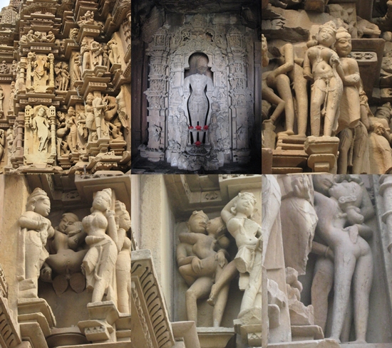 자발리 사원의 조각상들 -윗줄 가운데는 힌두교사원들의 많는 신상들이 파괴되어 있었다. 이슬람의 침입때 파괴된 것이라고 한다. 에로틱한 모습들이 많다.