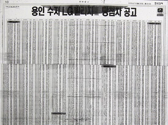  1999년 10월 18일자 신문에 실린 용인 수지 LG 빌리지 3차 당첨자 공고. 여기에 황교안 후보자의 부인은 없었다.