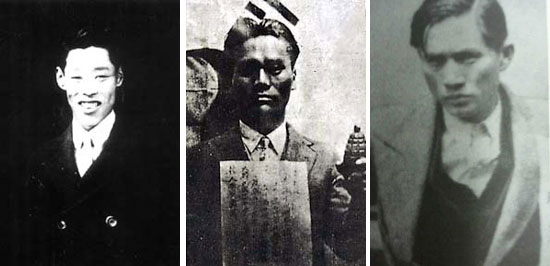 이봉창 의사(왼쪽). 1932년 일왕에게 폭탄을 던졌다. 윤봉길 의사(가운데). 중국 홍커우 공원에서 일본군수뇌부를 폭살했다. 백정기 의사(오른쪽). 중국에서 활동한 항일혁명가. 상해에서 체포된후 옥사했다.