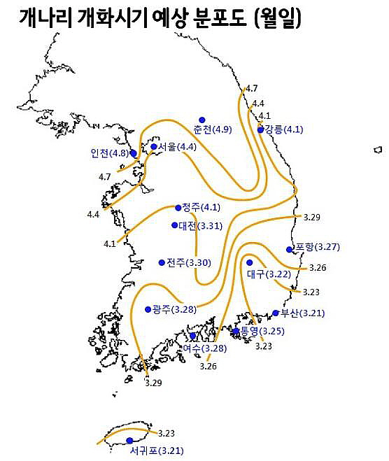  2013년 개나리 개화시기 예상 분포도 