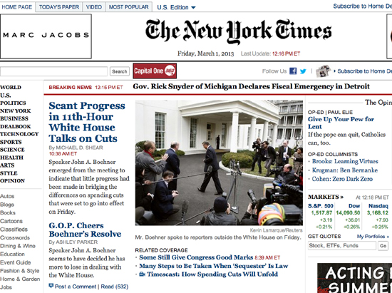 1일자 <뉴욕타임스> 인터넷판은 "지출 삭감에 대한 백악관과 하원의 회동에 진전이 없다"는 기사를 내보냈다. 
