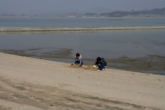 돌머리 해변 풍경. 아이들이 모래성을 쌓으며 놀고 있다.
