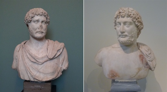 왼쪽 사진이 칼스버그 미술관에 있는 하드리아누스 ①, 오른쪽 사진이 아테네 고고학박물관에 있는 하드리아누스 ②