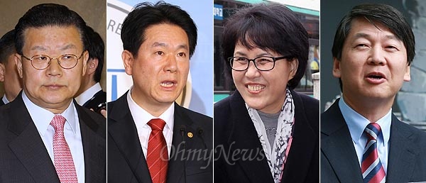  4·24 재보선 서울 노원병 출마를 선언하고 예비후보로 등록한 4명의 후보들. 왼쪽부터 새누리당 노원병 당협위원장인 허준영 후보(전 경찰청장), 민주통합당 노원병 지역위원장인 이동섭 후보, 노회찬 진보정의당 공동대표의 부인 김지선 후보, 무소속 안철수 후보.