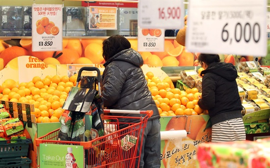 지난 2월 20일 서울 중구 롯데마트 서울역점에서 시민들이 수입산 오렌지를 살펴보고 있다. 롯데마트는 지난해 과일 매출 중 수입 과일이 차지하는 비중이 31.0%를 기록했으며 과일 중 수입산 비중이 30%를 넘은 것은 처음이라고 밝혔다. 이같은 현상은 국내산 과일의 가격이 폭등하면서 소비자들이 상대적으로 저렴한 수입산으로 눈을 돌리고 있는 것으로 업계는 풀이했다.