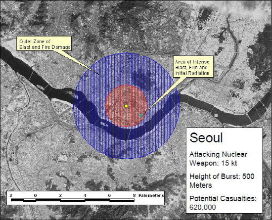 NRDC는 용산 상공 500m에서 15kt 위력의 핵폭탄이 폭발할 경우 사망자를 62만명으로 추산했다.
