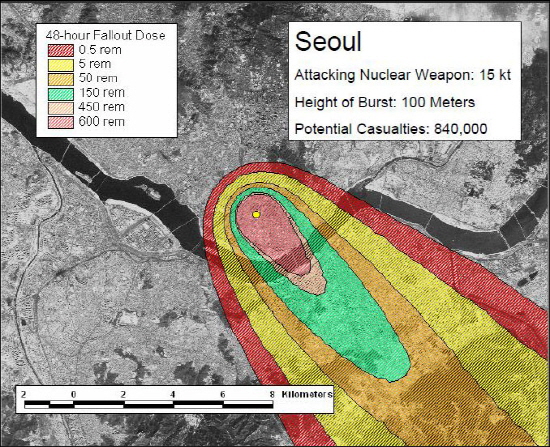 용산 100미터 상공에서 15kt급 핵폭탄이 터질 경우 NDRC는 사망자 수를 84만명으로 예측했다.