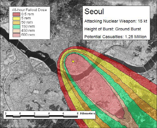 NDRC는 15kt급 핵폭탄이 지표면에서 폭발했을 경우, 방사능 낙진 피해가 최대화되고 사망자의 숫자는 125만명으로 예측했다.