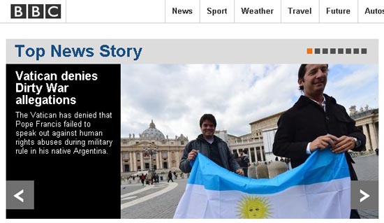 새 교황 프란치스코 1세를 둘러싼 '더러운 전쟁' 논란을 보도하는 영국 BBC