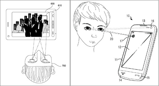 '스마트 비디오(스마트 포즈)' 관련 LG전자에서 2009년 출원한 특허 '휴대 단말기 및 그 제어 방법'(왼쪽)과 삼성전자 눈동자 인식 관련 특허(오른쪽)
