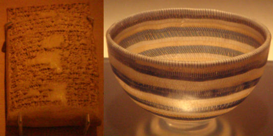 　　사진 왼쪽은 붉은색 유리 만드는 방법이 쐐기글자로 기록된 진흙 판입니다. 이라크에서 출토되었다고 전해지며 BC.14-13 세기 만들어졌습니다. 만드는 방법이 매우 과학적이고 지금이나 크게 다르지 않다고 합니다. 사진 오른쪽은 나선무늬 그릇으로 동지중해 크레타 섬에서 나왔으며 BC. 2 세기 것으로 보입니다. 청색은 코발트, 흰색은 안티몬이고 망간으로 투명도를 높였습니다. 색이 다른 긴 유리 대롱을 만들어 이어서 붙였습니다.