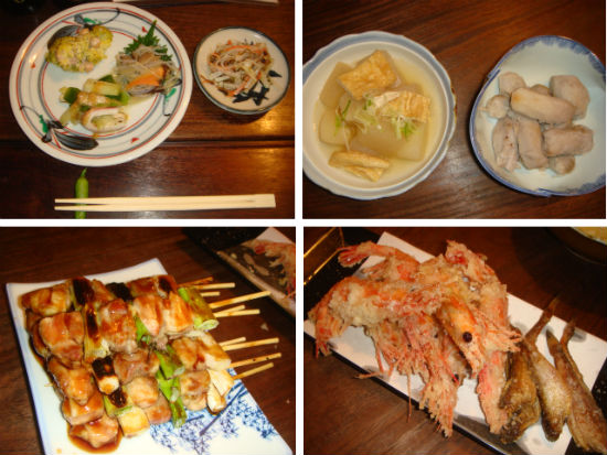 　　코스로 먹는 일본 교토 먹거리입니다. 사진 왼쪽 위부터 시계 방향으로 전식과, 삶은 무와 토란, 새우, 도루묵 튀김, 닭 꼬치구이입니다. 