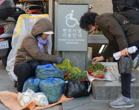 봉천동 골목시장 봉천동 골목시장은 지하철 2호선 서울대입구역에서부터 시작된다. 지하철 입구에서 봄나물을 팔고 있다.