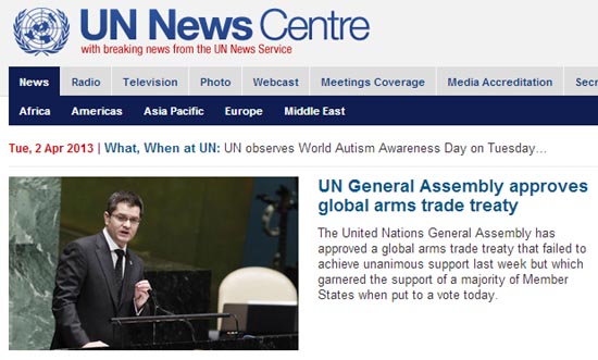 무기거래조약(ATT)의 채택을 발표하는 유엔 공식 홈페이지