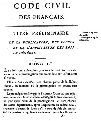 나폴레옹 법전으로 알려진 1804년 프랑스 민법의 첫 페이지, 