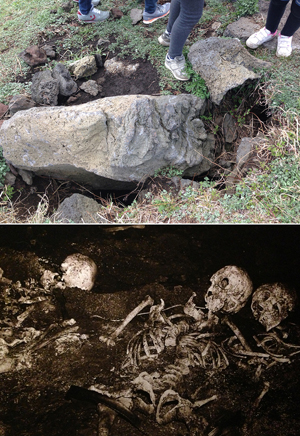 입구가 봉쇄된 다랑쉬굴. 아래 사진은 1991년 다랑쉬굴이 처음 발견된 뒤 내부 모습을 그대로 복원한 것이다.