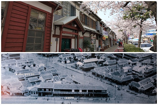 지금의 장옥(위)과 1920년대의 진해 시가지 사진 중 장옥거리 일대 사진(아래), 지금과 예전의 모습이 별반 차이가 없다.

