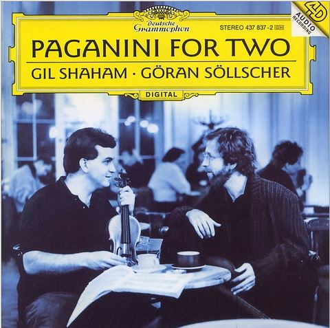 Paganini For Two의 음반 표지 두 사람이 각자의 악기를 마주보고 있다.