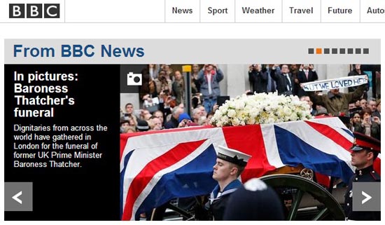 마거릿 대처 전 총리의 장례식을 보도하는 영국 BBC