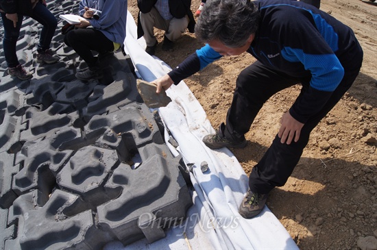 박창근 교수가 임해진 낙동강변에 설치하고 있는 호안블럭을 돌로 내려치자 가볍게 깨졌다.