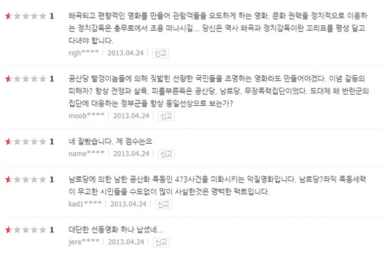 네이버 영화 내 평점 페이지. 1점을 준 이용자들의 평가 중에는 '공산당' '빨갱이' '폭동' 등이라는 단어가 많이 나온다.