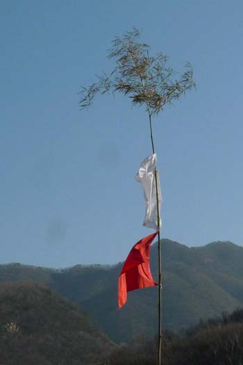 수리산 보이는 안양9동 한 무속인 집앞에 내걸린 표시 깃발