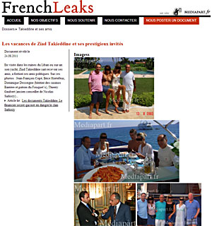 지아드 타키닌이 브리스 오르트프(전 내무부장관)와 장 프랑소와 코페(UMP 대표) 그리고 그들의 부인들과 함께 한 사진(2003년8월)을 공개한 프렌치리크스.