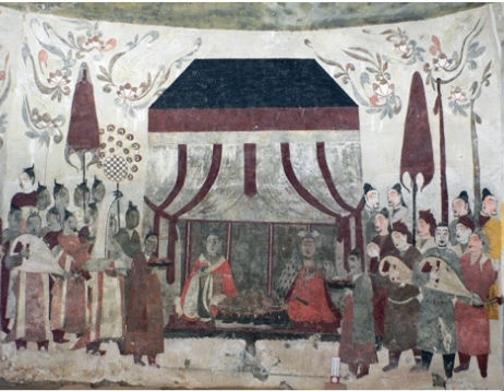 　　중국 산서성 태원시 북제 서현수 부부 합장묘 부부 그림입니다. 571년 만들어진 것으로 보입니다. 남편의 오른쪽에 앉은 부인은 소그드족 출신 옷차림새를 하고 있습니다.  
　