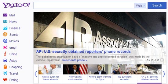 미국 법무부의 AP통신 통화 기록 조사 파문을 전하는 야후 첫 화면