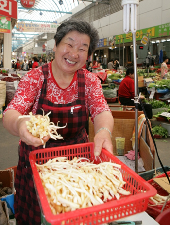 안양 중앙시장에서 30년동안 노점상을 하며 도라지와 더덕 등 농산물을 팔고있는 이복희(69) 할머니가 환하게 웃고 있다.
