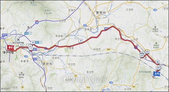  지난 25일 오전 택시를 타고 귀가하다 실종됐던 여학생이 경주시의 한 저수지에서 숨진채 발견된 가운데 여대생이 차를 탄 삼덕119안전센터에서 시신으로 발견된 경주시 건천읍 화천리의 한 저수지까지의 거리. 약 69km에 이르는 길을 운전한 운전자는 이곳 지리를 잘 아는 것으로 추정된다.