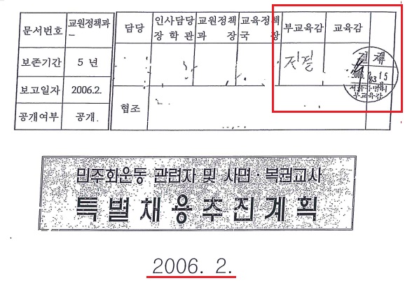  2006년 서울교육청의 교사 특별채용 계획. 현 교육부 서남수 장관이 당시 부교육감이었다. 부교육감은 인사위원회 위원장인데 그가 주재해서 6명의 특별채용을 결정했다. 부교육감이 전결로 결정했다. 그런데 이제 와서 장관이 됐고, 정권이 바뀌었다고 공개채용 없는 특별채용은 안 된다고 입장을 바꾼 셈이 됐다.