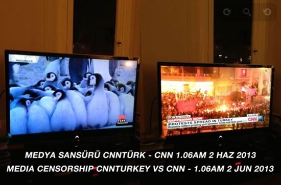 #OuupyGezi 텀블러(http://occupygezipics.tumblr.com/)에 올라온 터키 언론과 CNN을 비교한 사진. 터키 시위대는 국내 방송이 시위를 축소 보도한다며 항의 시위를 벌이기도 했다.
