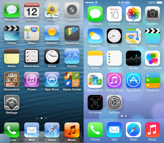 애플이 10일 선보인 새 모바일 운영체제 iOS7 홈화면(오른쪽)과 현재 iOS6 홈화면 비교.
