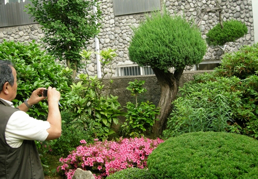 일본인 방문객이 조선미곡창고 사택 정원 모습을 카메라에 담고 있다.
