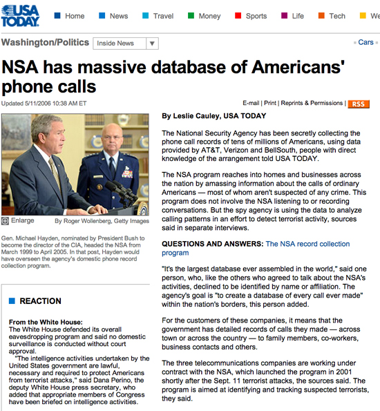2006년 5월 1일자 <유에스에이 투데이(USA Today)>인터넷 판, 'NSA가 미국인들의 막대한 통화 데이타를 갖고 있다'는 제목의 기사 
