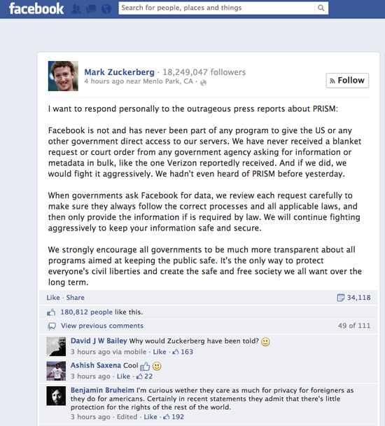 6월 7일 마크 주커버거가 자신의 페이스북 담벼락에 올린 글 
