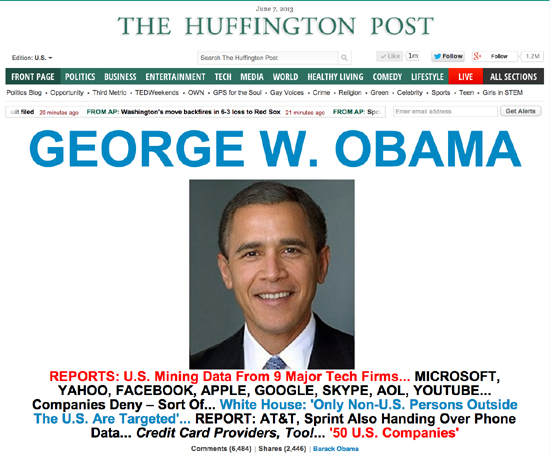6월 7일 <허핑턴 포스트>, '조지 W 오바마'라는 제목의 톱 기사. 