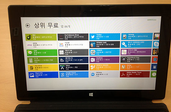 서피스RT는 윈도우 스토어에 올라온 응용 프로그램들만 실행할 수 있다. 수만 개 앱 가운데 한국 앱은 100여개에 불과하다. 