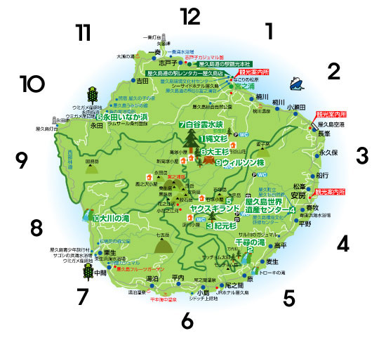 시계처럼 12방위로 표시된 야쿠시마의 지도는 섬 내 주요 관광지의 위치와 이동시간을 직관적으로 파악할 수 있도록 돕는다