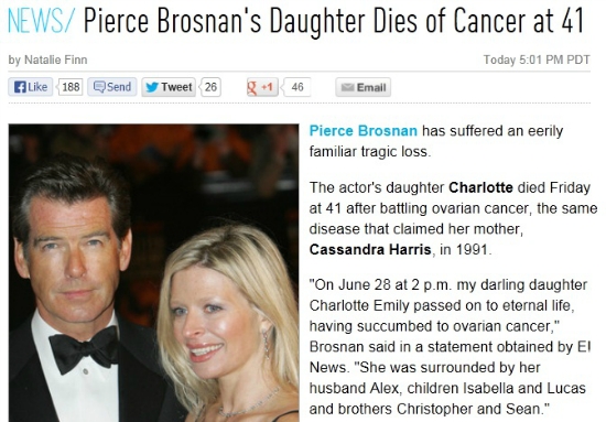  피어스 브로스넌의 딸 샬롯의 사망 소식을 보도하는 <데일리메일>