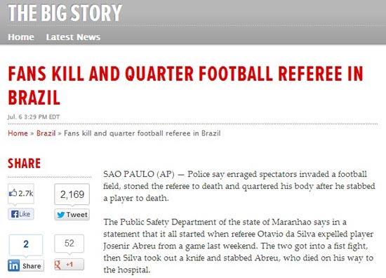  브라질 축구경기에서 일어난 심판과 선수의 연쇄 피살 사건을 보도하는 AP통신