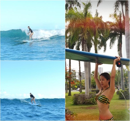  배우 전혜빈이 8일 자신의 트위터에 서핑하는 모습을 찍은 사진을 공개했다. 
