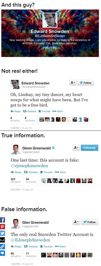 사칭 트위터 계정이 논란이 되자, 미국 소셜미디어 사이트 <버즈피드>에서는 지난 6월 12일 '글렌 그린월드와 에드워드 스노든 가짜 트위터 계정에 대한 매우 도움이 되는 안내서'라는 글을 싣기도 했다.
